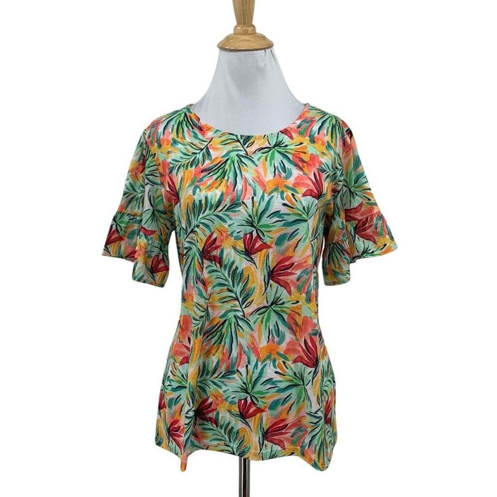 Stella Parker T Shirt Womens S Small Multi Ruffle Short Sleeve Stretch Tropical